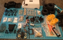 Tamiya Lunchbox parts laid out before building.